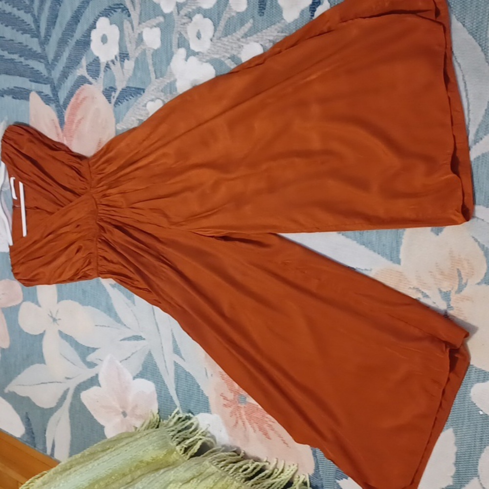 Mustard Seed Sz M,Terracotta, Silk Like Jumpsuit. Elasticized Waist. Feminine - Picture 6 of 9